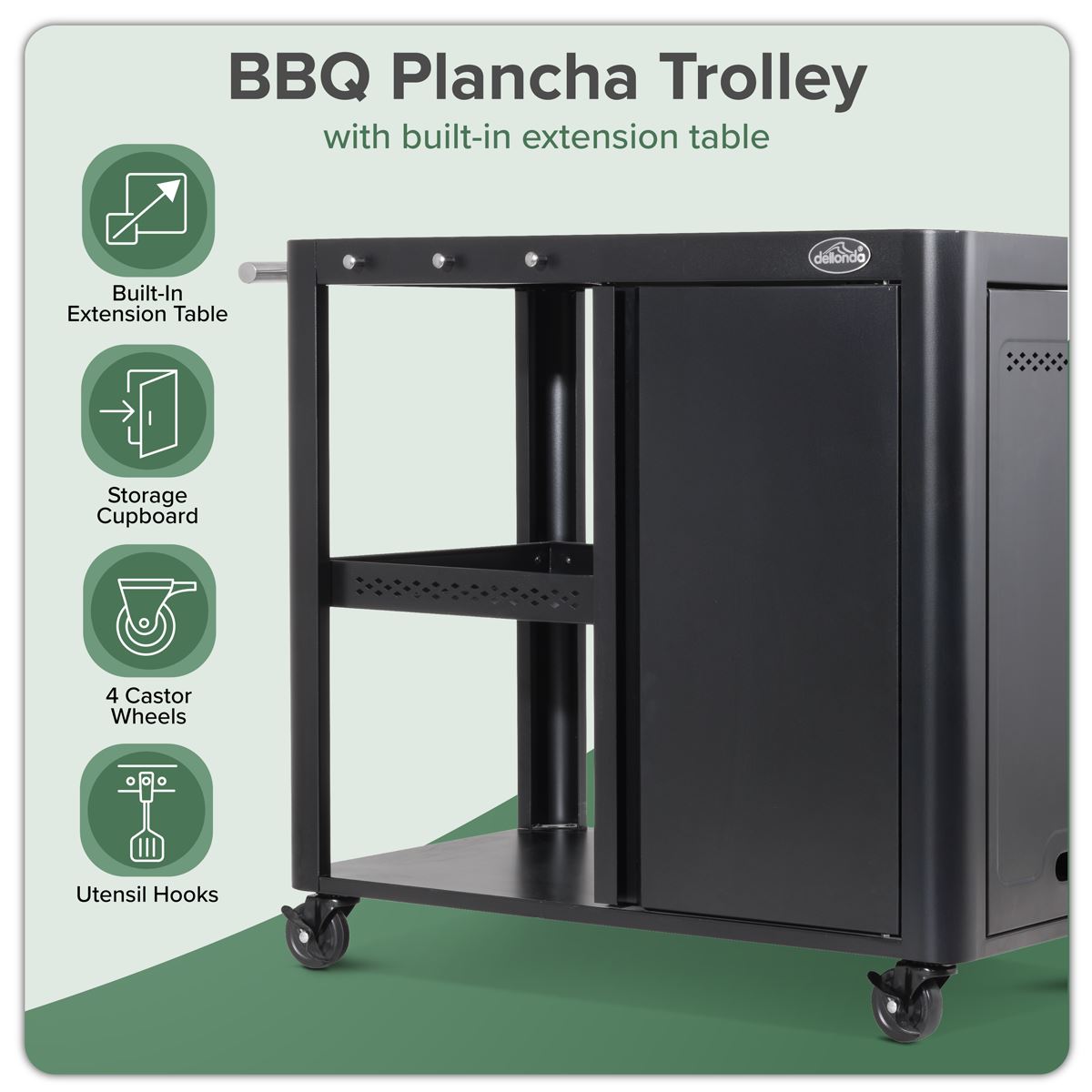 Dellonda BBQ/Plancha Workstation Trolley with Cupboard, Extension Table & Utensil Hooks, Black  White Rose Tools