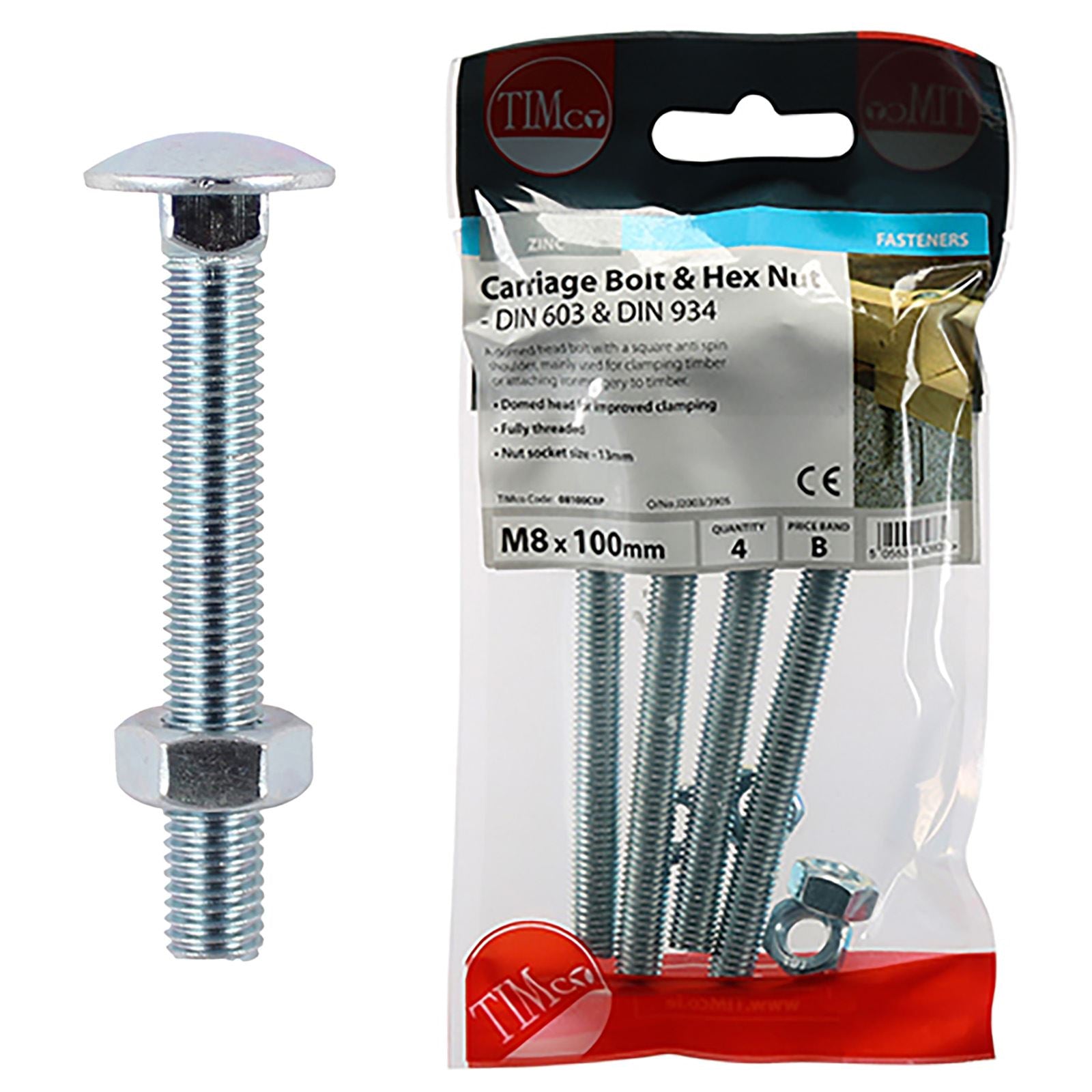 TIMCO Carriage Bolts with Hex Nuts 4.8 Grade Zinc Carbon Steel TIMpac M6-M12 - Choose Size