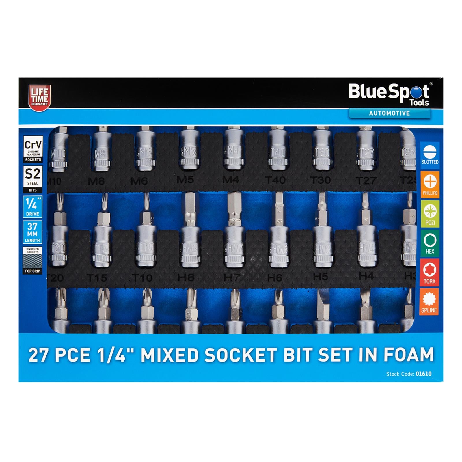 BlueSpot Mixed Socket Bit Set EVA Foam Tray 1/4" 27 Piece