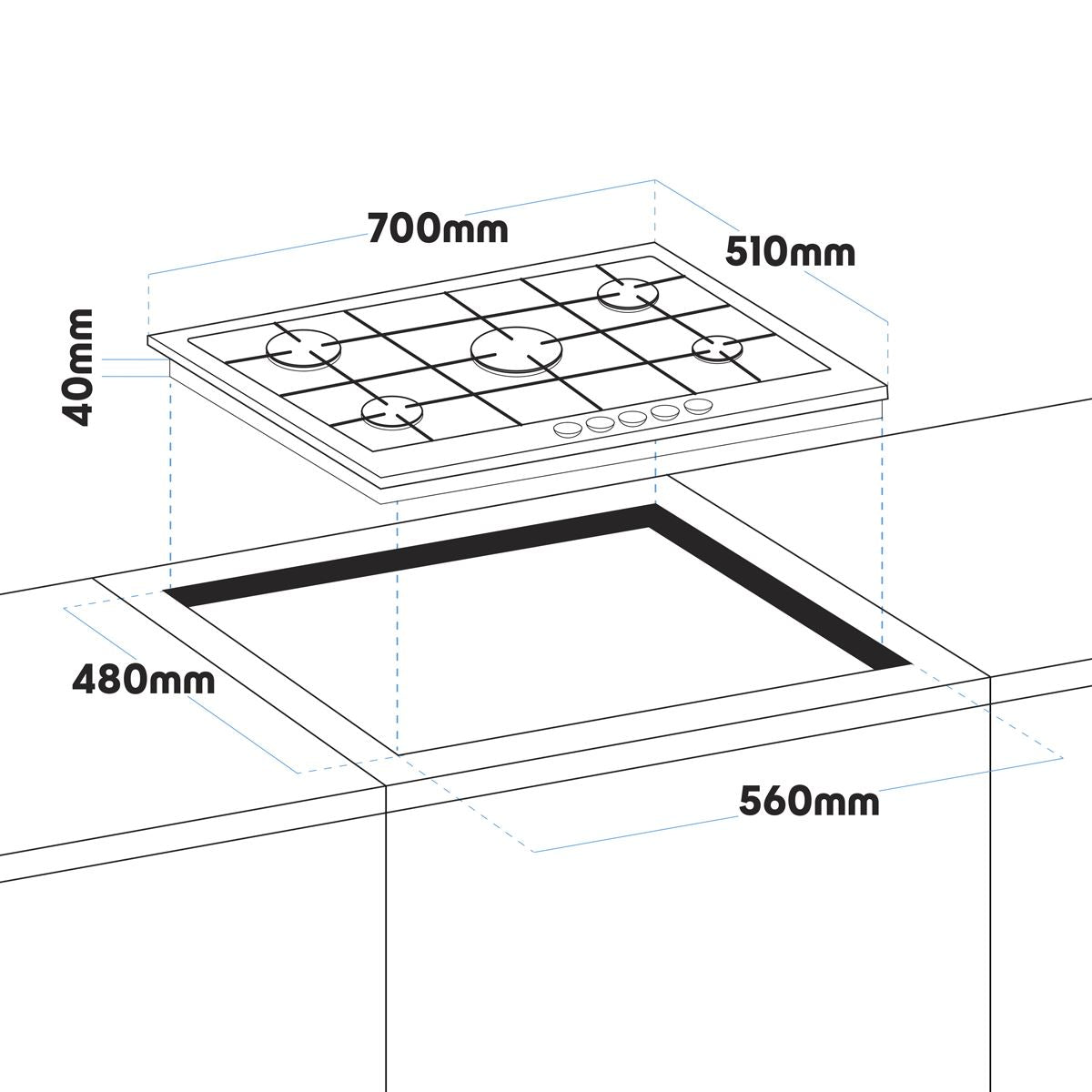 Baridi 70cm Gas on Glass Hob, 5 Burner and Cast Iron Pan Supports, Black Glass