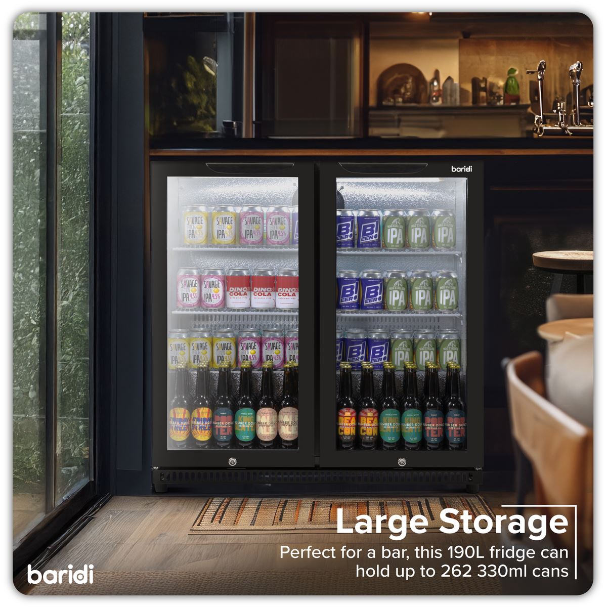 Baridi Hinged Double Door, Back Bar Drinks Fridge/Cooler, 190L Capacity