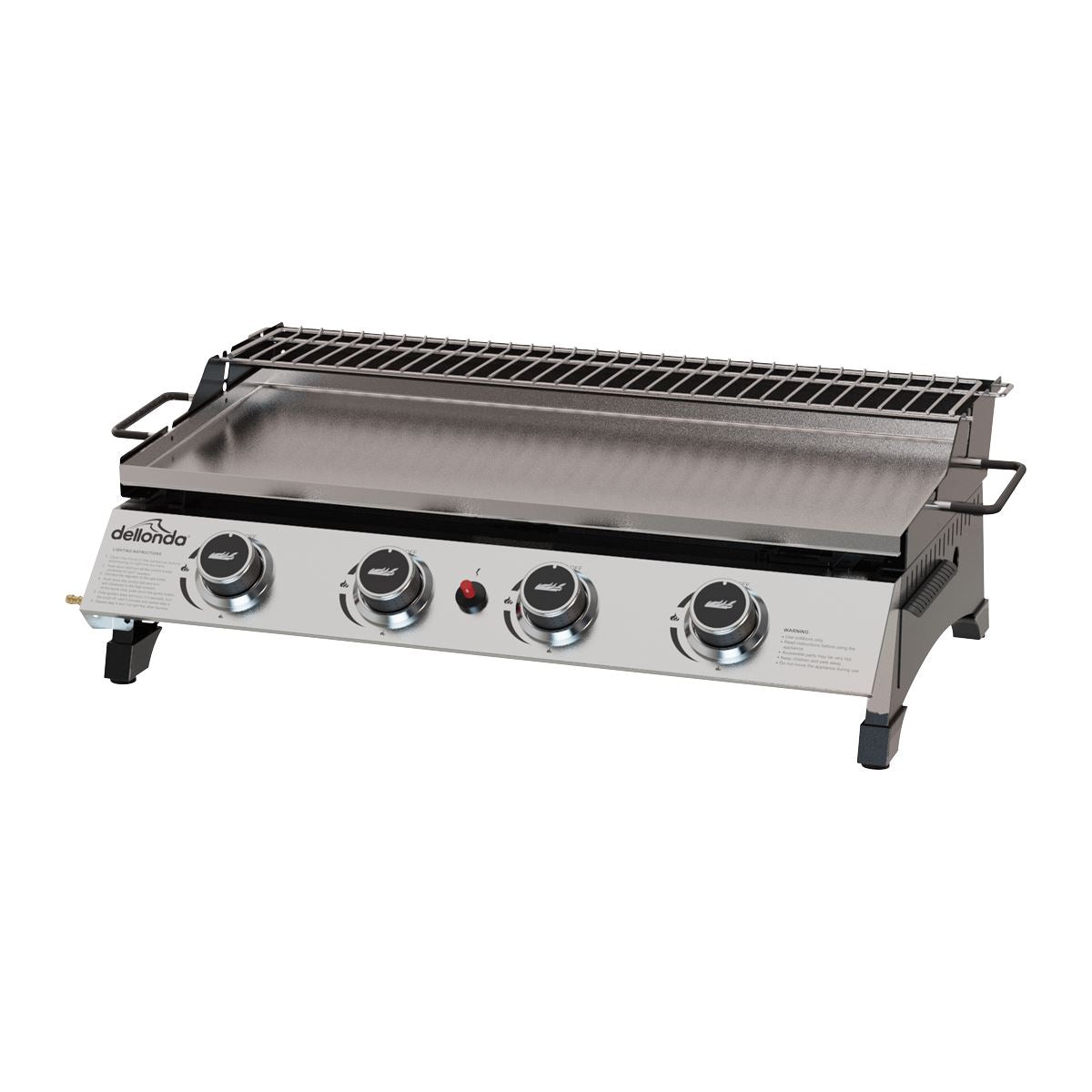 Dellonda 4 Burner Portable Gas Plancha with Warming Rack, 10kW BBQ Griddle, Stainless Steel