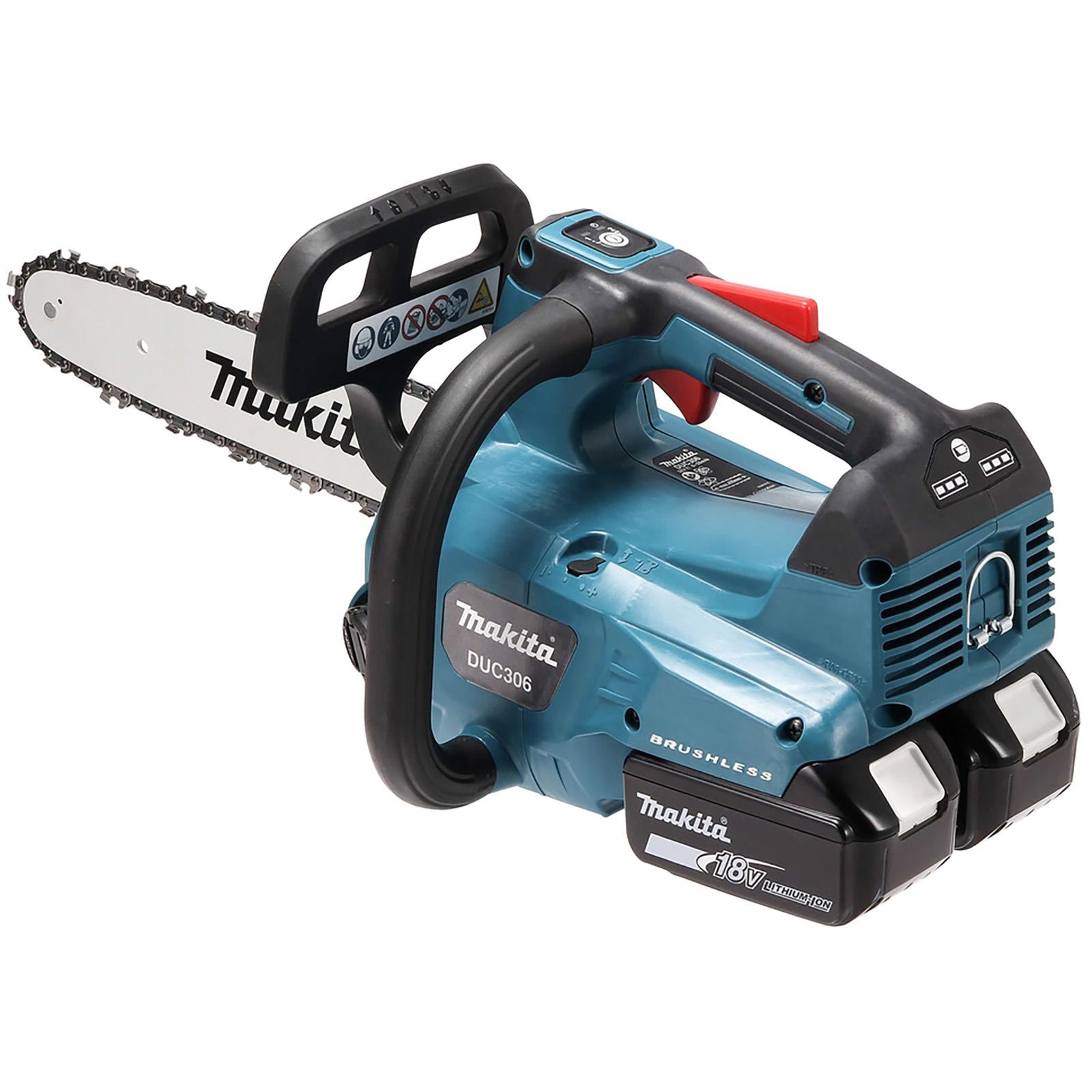 Makita Chainsaw Kit 30cm 12" 18V x 2 LXT Brushless Cordless 2 x 6Ah Battery and Dual Rapid Charger Top Handle Garden Tree Cutting Pruning DUC306PG2