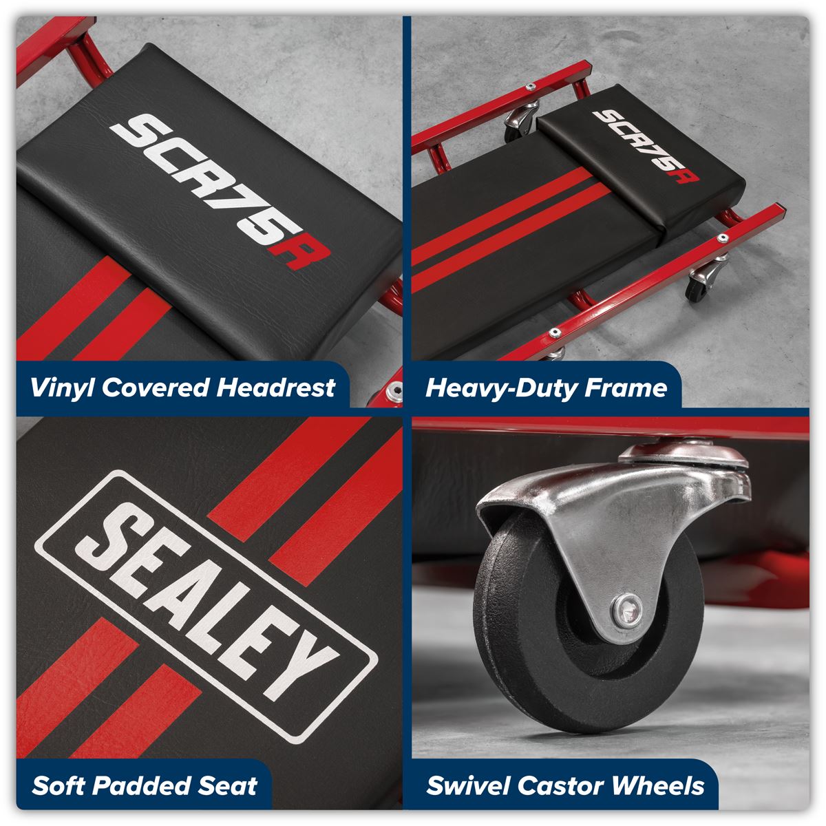 Sealey 36" Deluxe American-Style Creeper with Steel Frame & 6 Wheels - Red