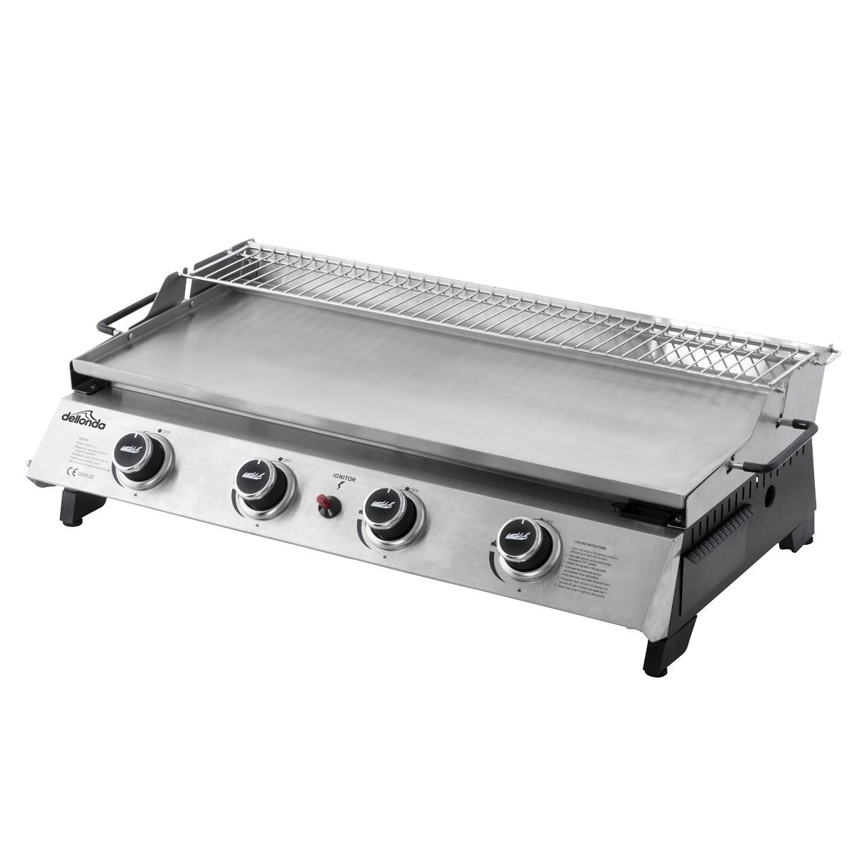 Dellonda 4 Burner Portable Gas Plancha with Warming Rack, 10kW BBQ Griddle, Stainless Steel