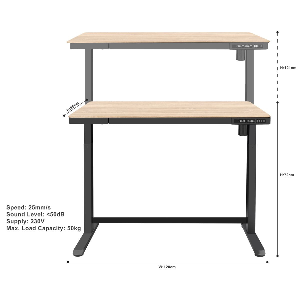 Dellonda Oak Electric Adjustable Standing Desk with USB & Drawer, 1200 x 600mm