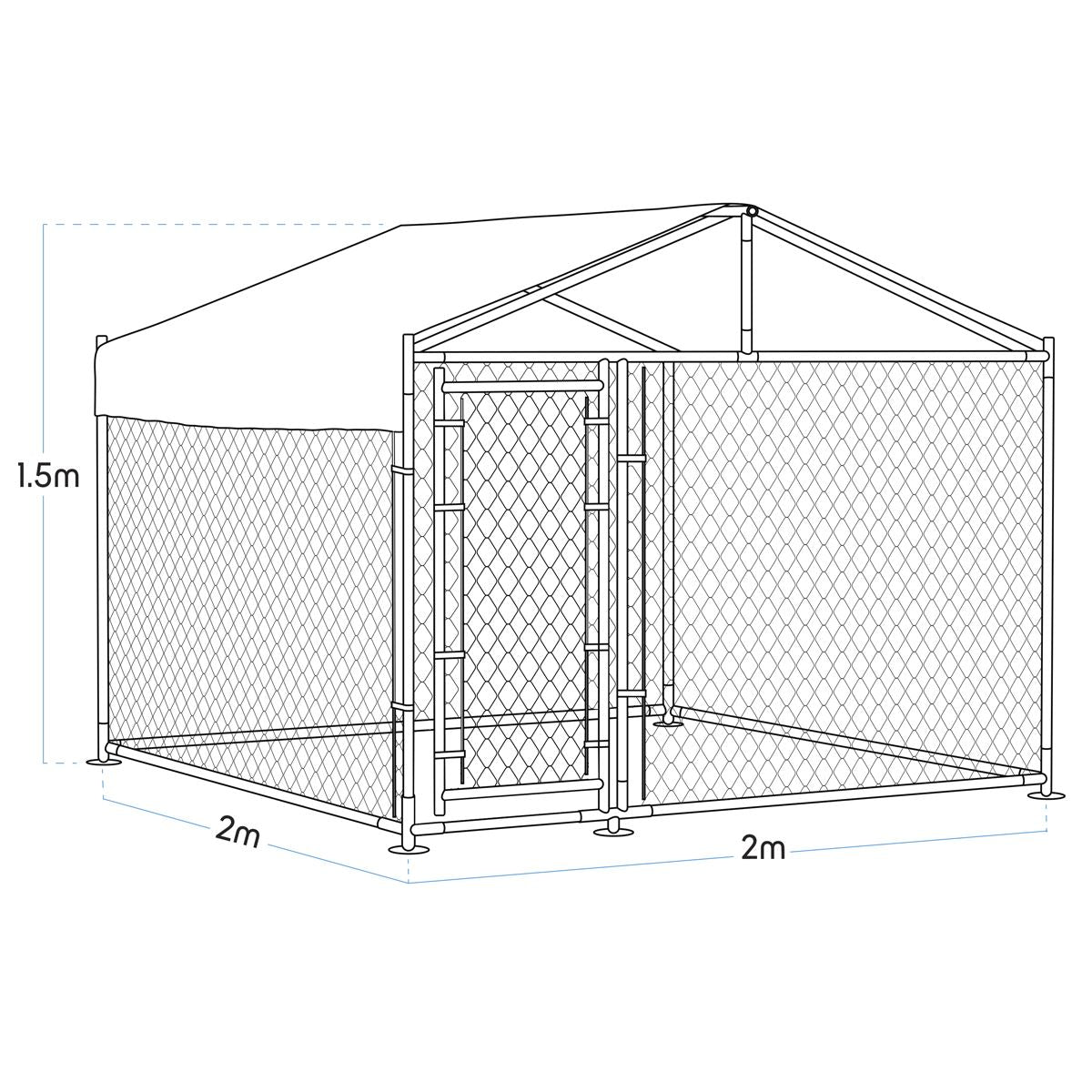 Dellonda 2 x2 x 1.5m Dog Kennel, Galvanised Steel, Roof Cover, Chain Link Fencing