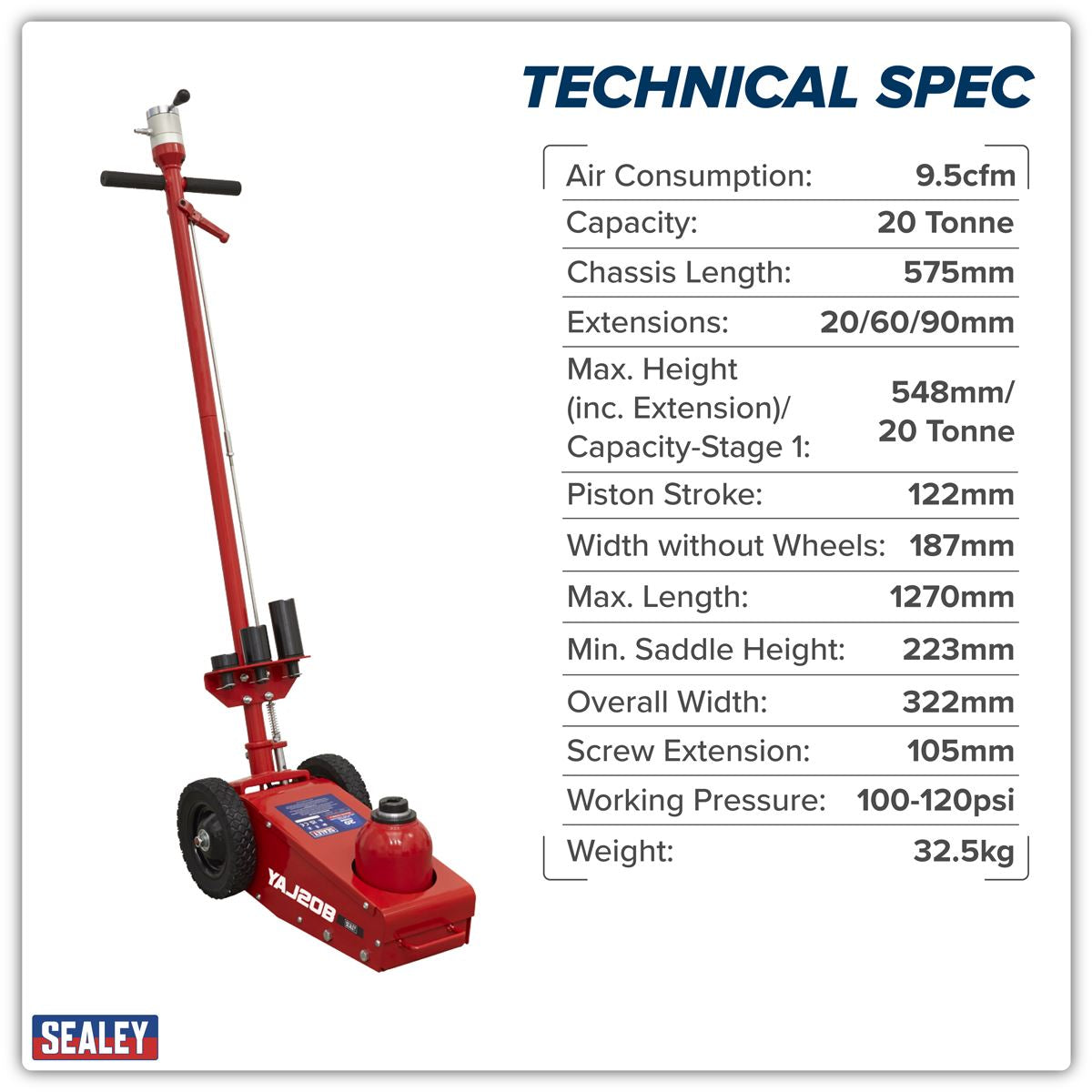 Sealey Air Operated Single Stage Trolley Jack 20 Tonne