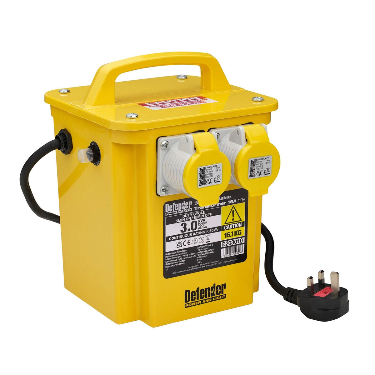 Defender E203010 110V 3kVA Portable Transformer 16A 35022  White Rose Tools