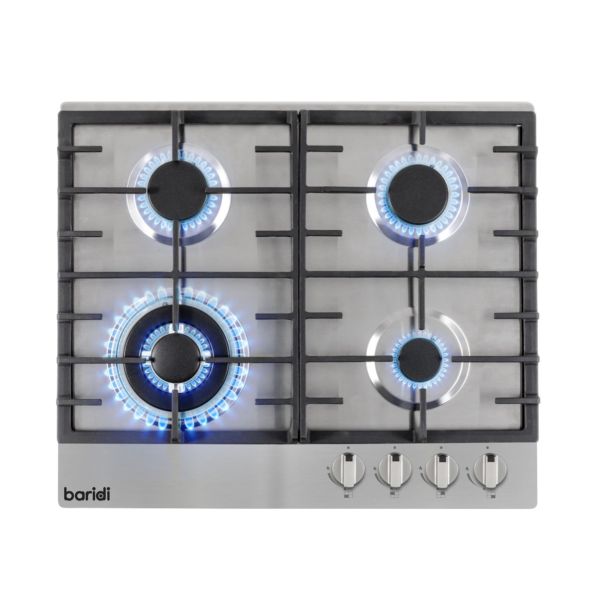 Baridi 60cm Gas Hob, 4 Burner and Cast Iron Pan Supports, Stainless Steel