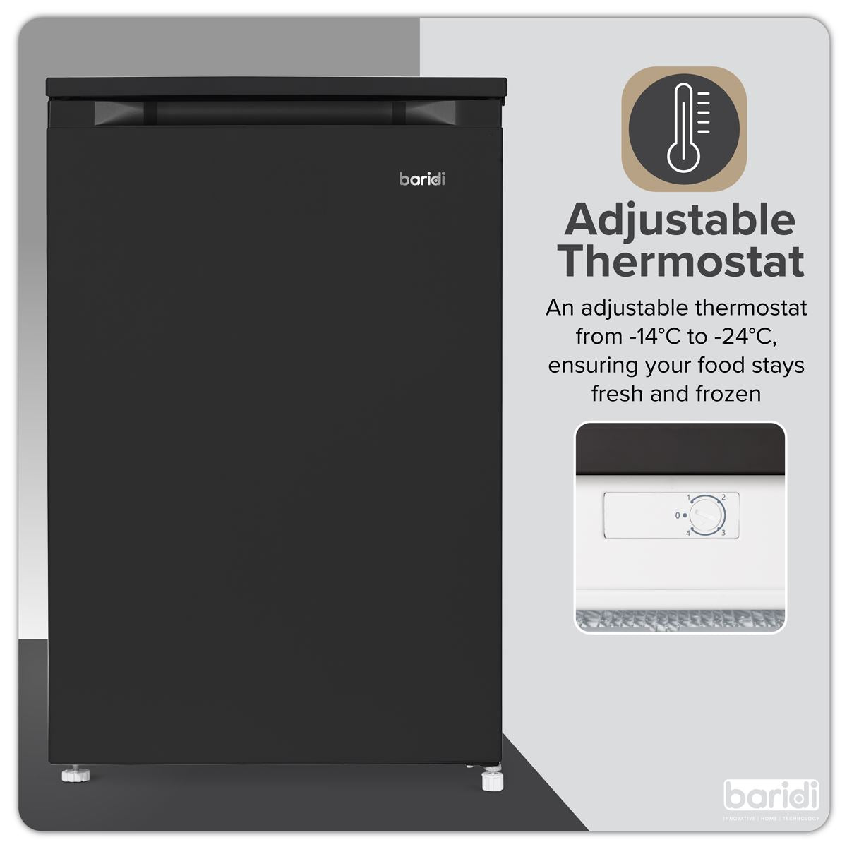 Baridi 55cm Undercounter Freezer with Adjustable Thermostat, 85L - Black  White Rose Tools