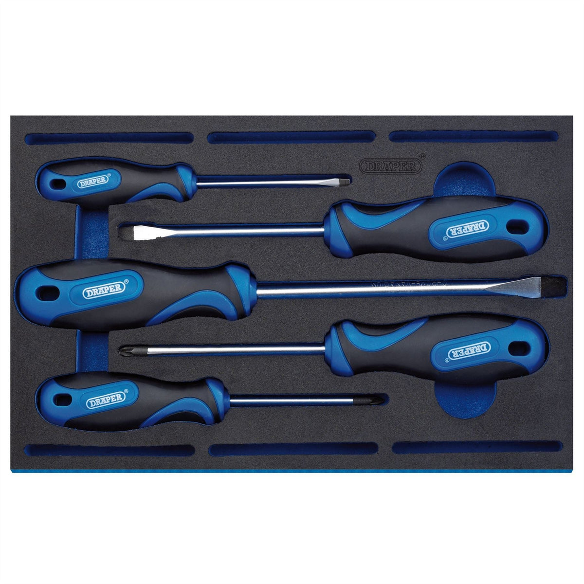 Draper Soft Grip Screwdriver Set in 1/4 Drawer EVA Insert Tray (5 Piece) 63400  White Rose Tools