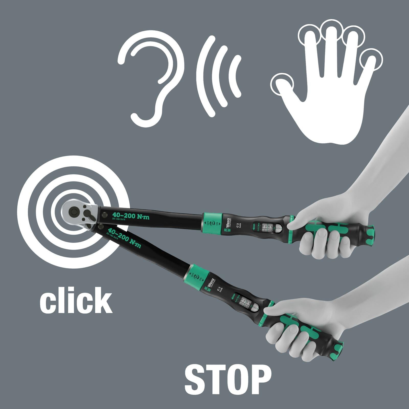 Wera Click Torque Lock Wrench C 3 Reversible Ratchet 40-200 Nm 1/2" Drive Clockwise Torque Operation  White Rose Tools