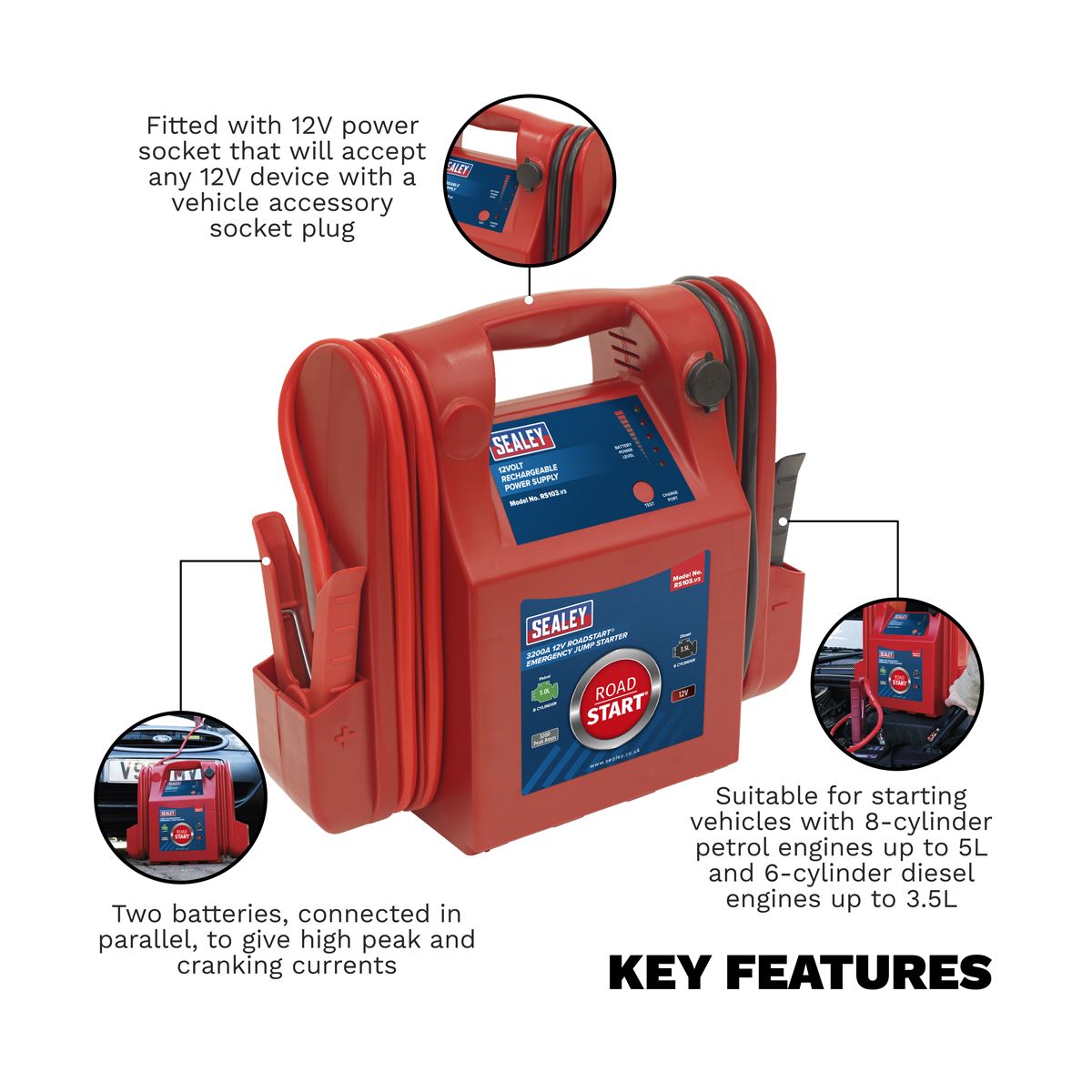 Sealey RoadStart® Emergency Jump Starter 12V 3200 Peak Amps
