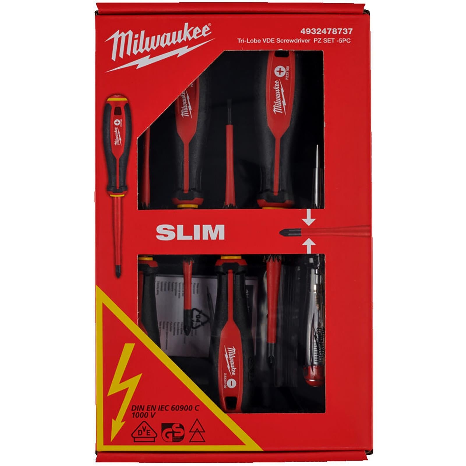 Milwaukee Tri-Lobe VDE Screwdriver Set Slim 5 Piece Slotted Pozi 