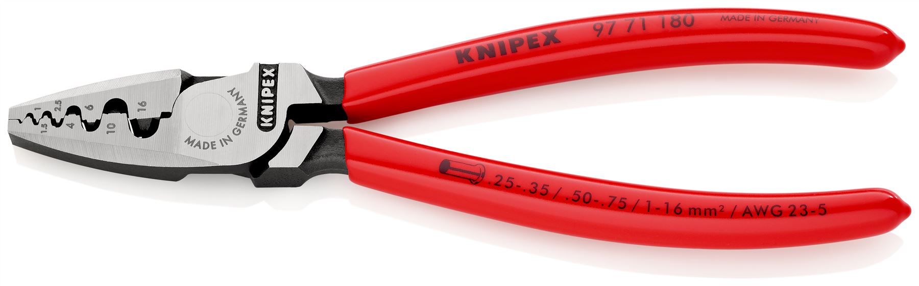 Knipex Crimping Pliers for Wire Ferrules 180mm 0.25-16mm² Capacity 97 71 180