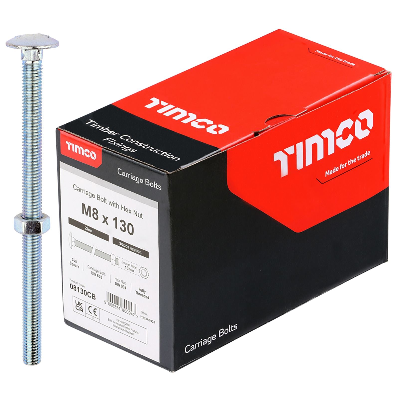 TIMCO Carriage Bolts with Hex Nuts 4.8 Grade Zinc Carbon Steel Boxed M6-M16 - Choose Size