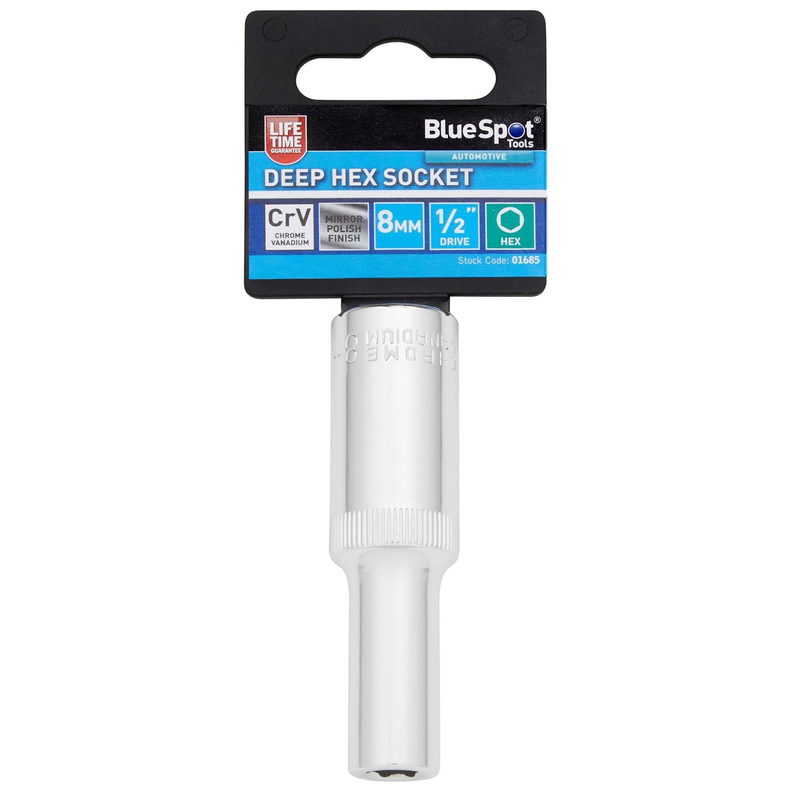BlueSpot Deep Socket 1/2" Drive 6 Point Hex Chrome Individual 8-32mm - Choose Size  White Rose Tools