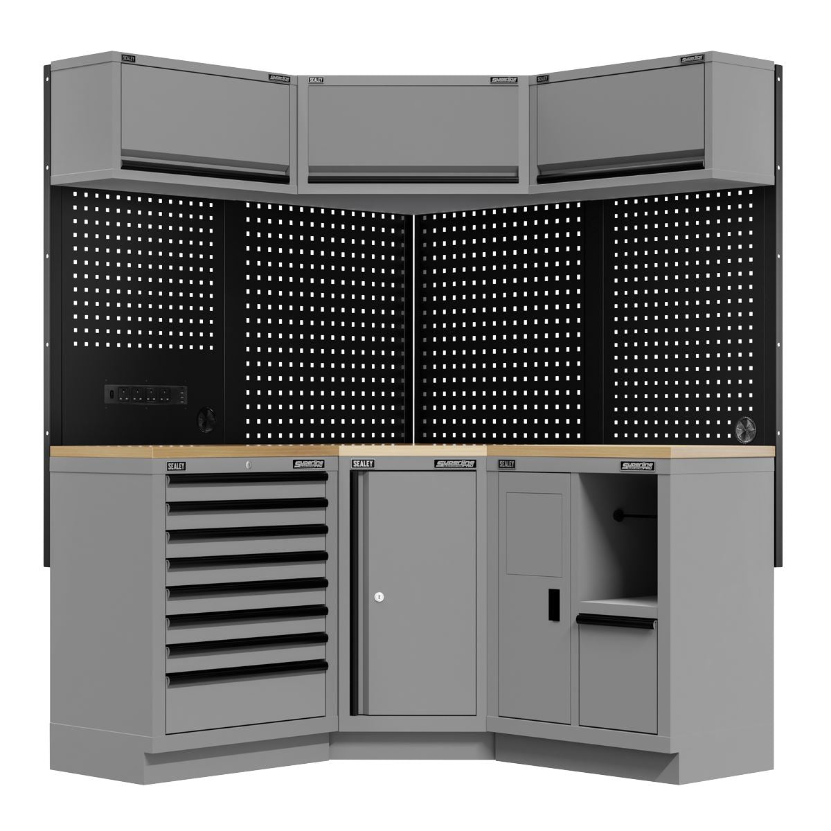 Sealey Superline PRO® Black Edition Modular Corner Storage System with Rubber Wood Worktop 1.54m  White Rose Tools
