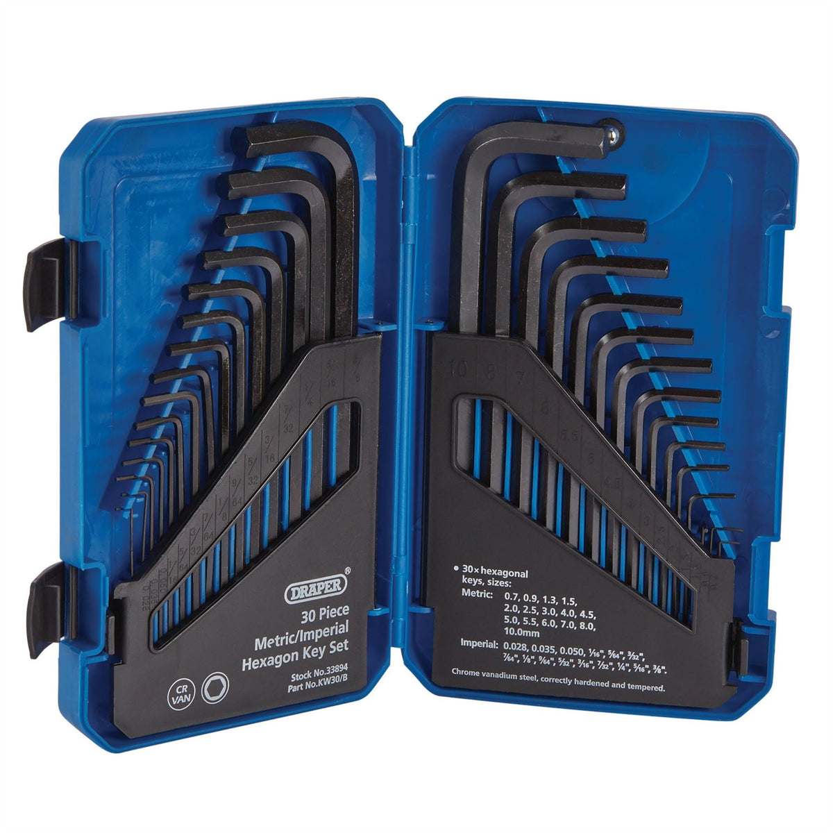 Draper Metric/Imperial Combined Long Pattern Hexagon Key Set (30 Piece) 33894  White Rose Tools