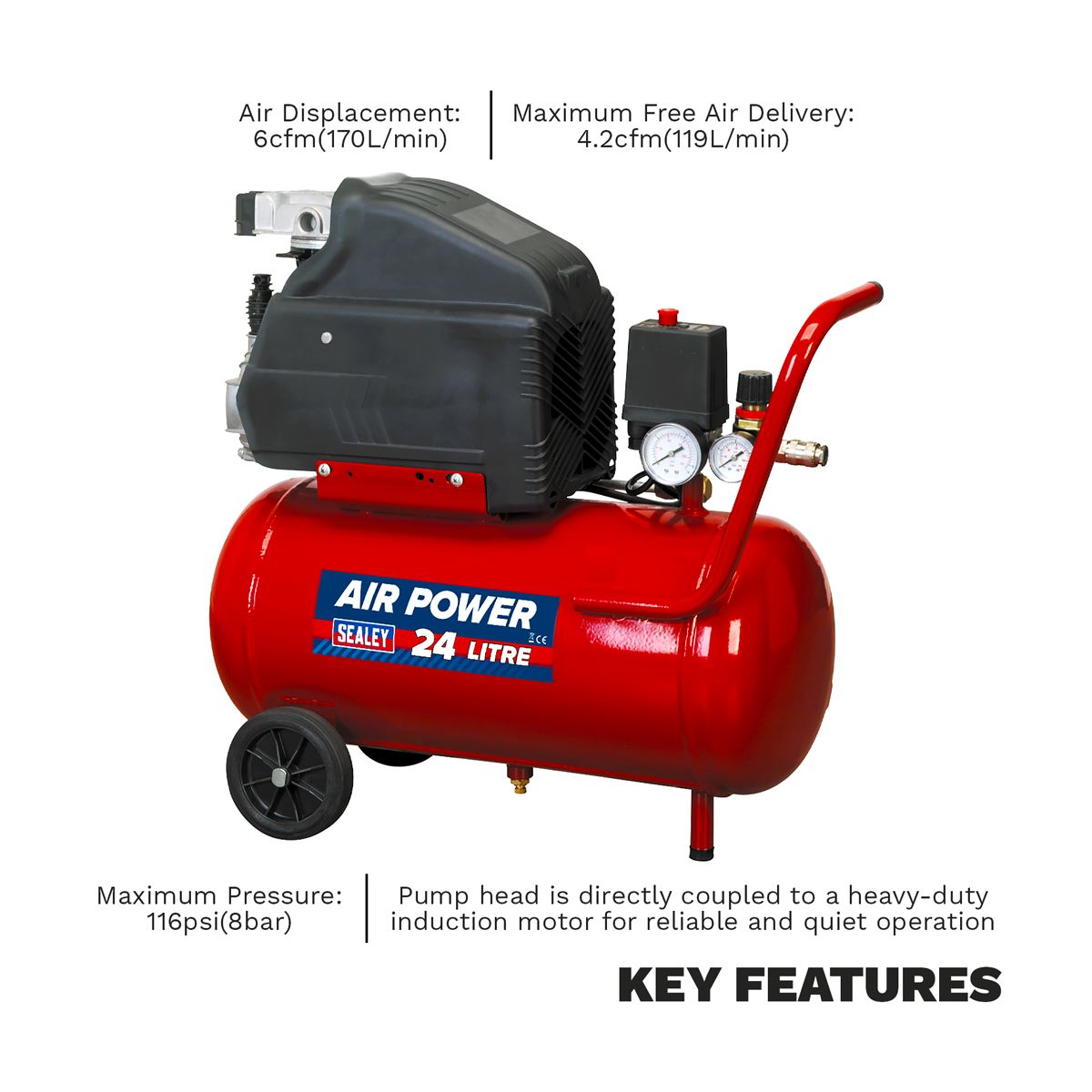 Sealey Air Compressor 24L Direct Drive 1.5hp 