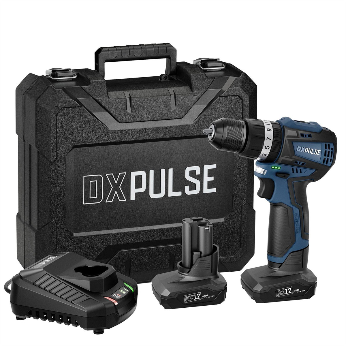 Draper DXPULSE 12V Brushless Combi Drill Kit 2 x 4.0Ah Batteries 1 x Fast Charger 27885  White Rose Tools
