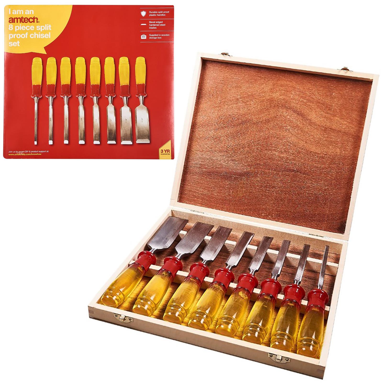 Amtech Wood Chisel Set Split Proof Wooden Box Bevel Edges Hardened Blades