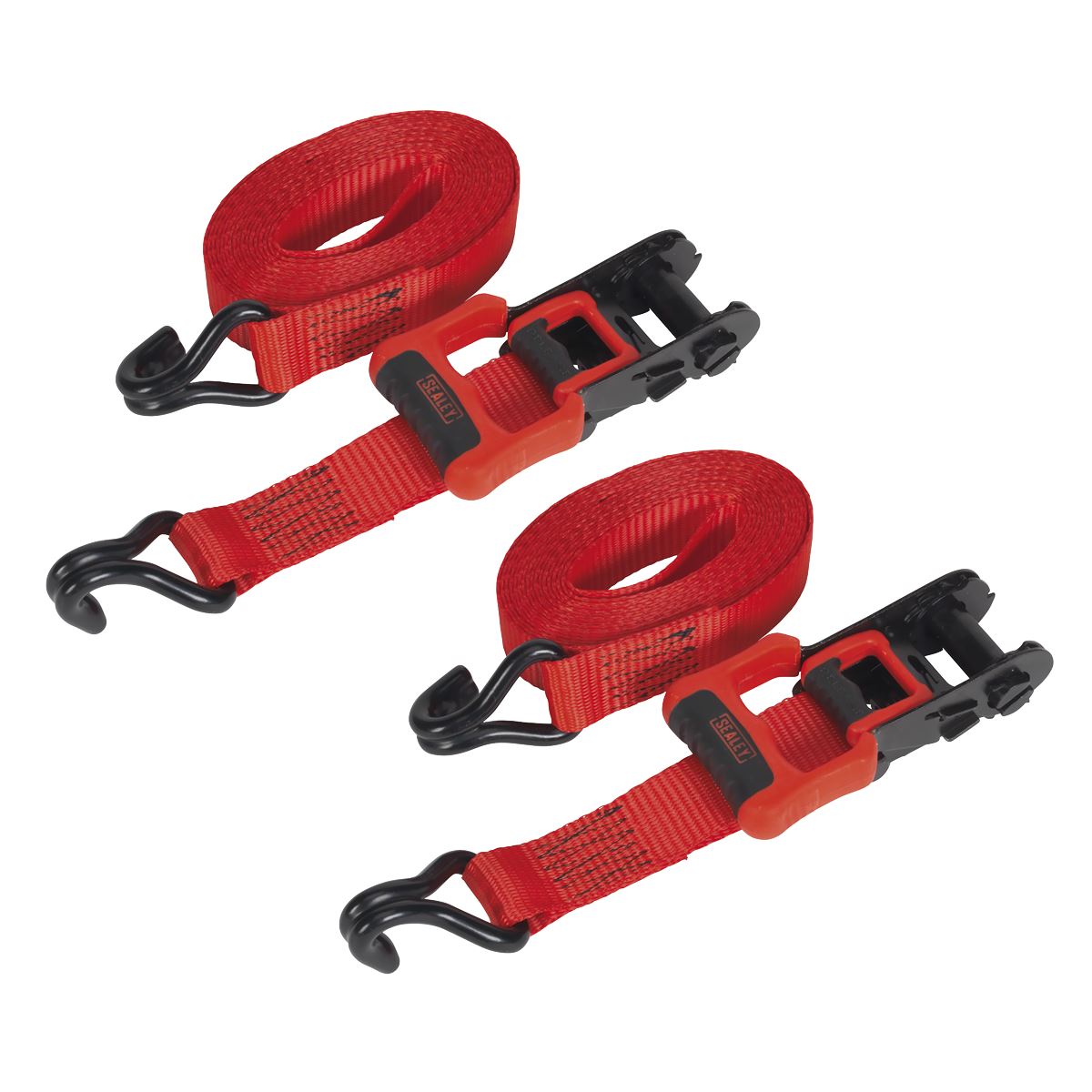 Sealey Ratchet Straps 32mm x 4.9m Polyester Webbing with J-Hooks 1200kg Breaking Strength - 2 Pairs 