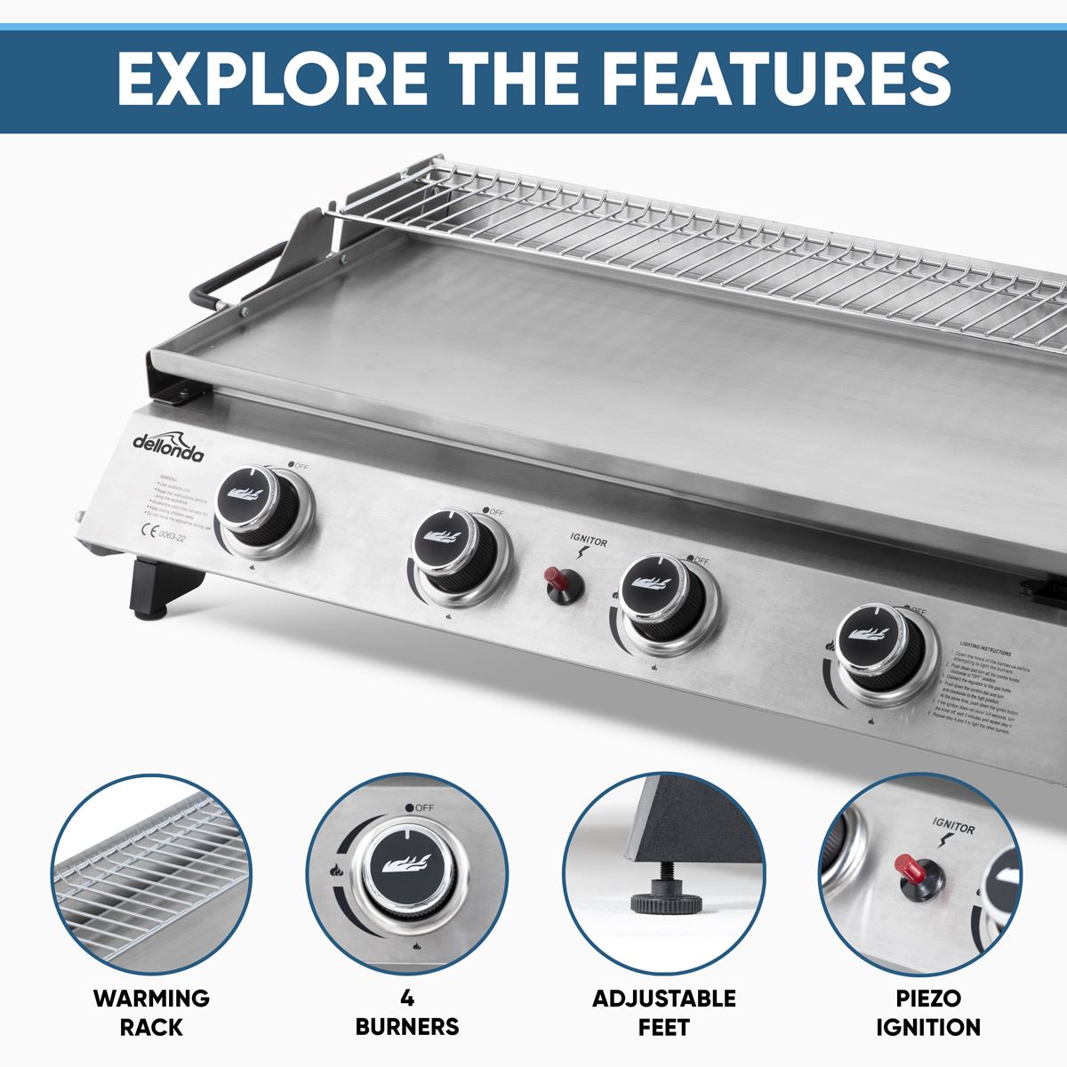 Dellonda 4 Burner Portable Gas Plancha with Warming Rack, 10kW BBQ Griddle, Stainless Steel