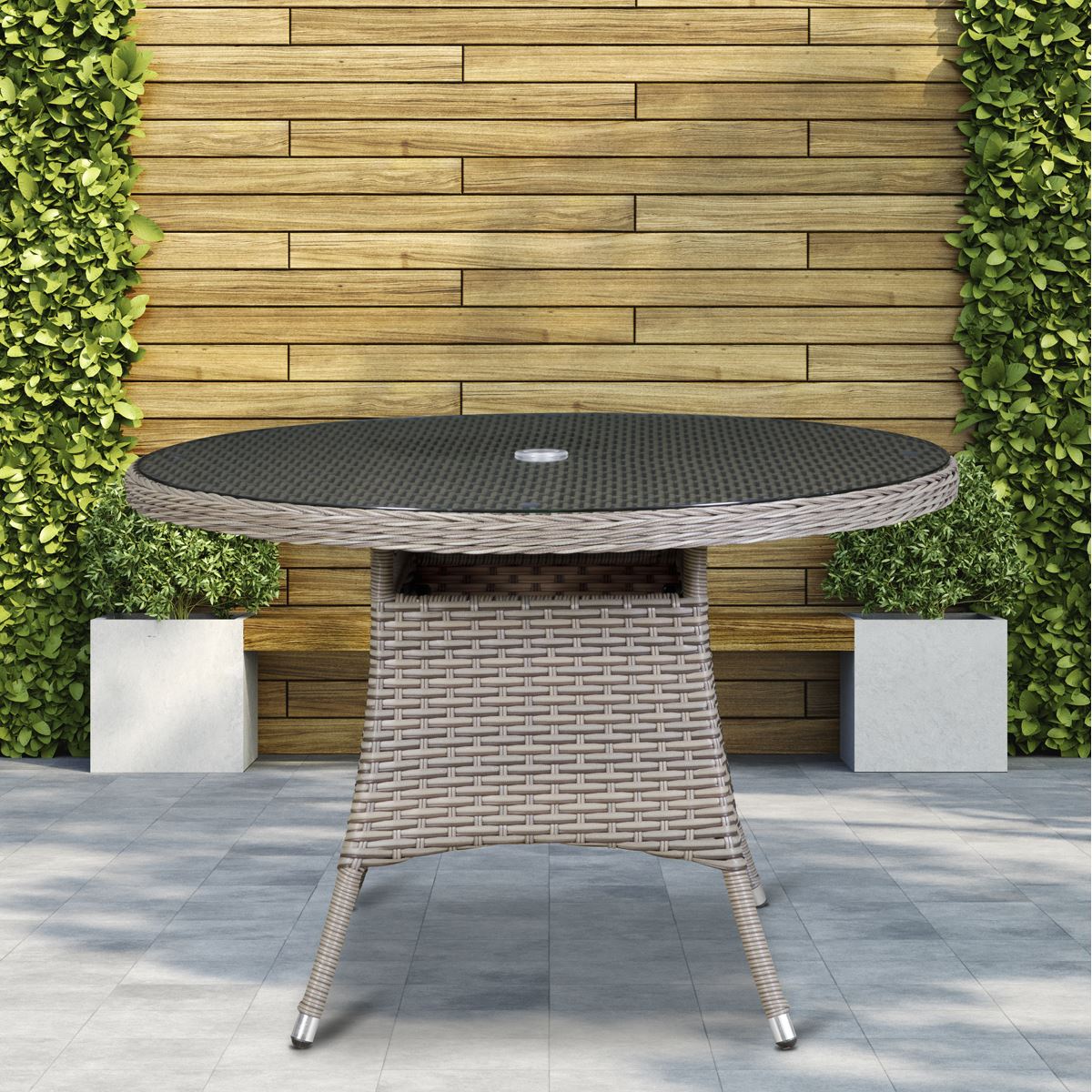 Dellonda Chester Rattan Wicker Outdoor Dining Table with Tempered Glass Top, Brown