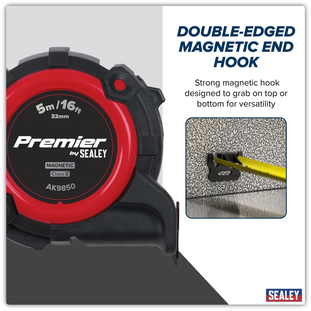 Sealey Premier Metric/Imperial Tape Measure Extra-Wide Blade 5m(16ft) x 32mm  White Rose Tools