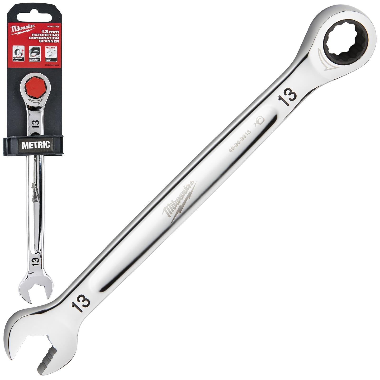 Milwaukee Ratchet Combination Spanners MAX BITE Fixed Head Open End Ring - Choose Size