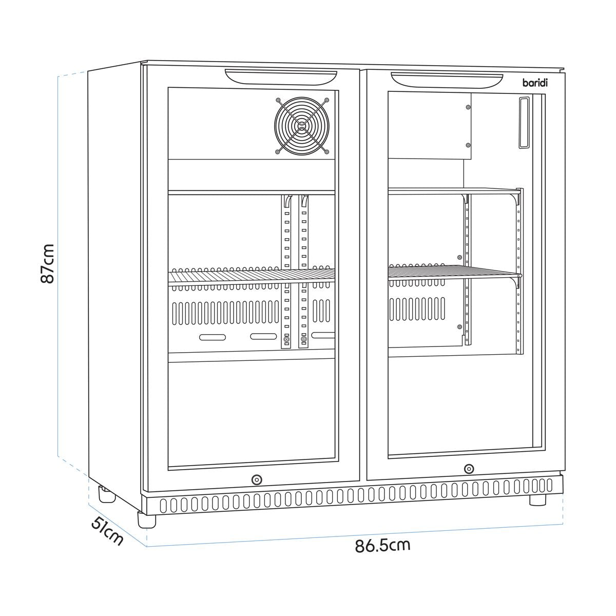 Baridi Hinged Double Door, Back Bar Drinks Fridge/Cooler, 190L Capacity