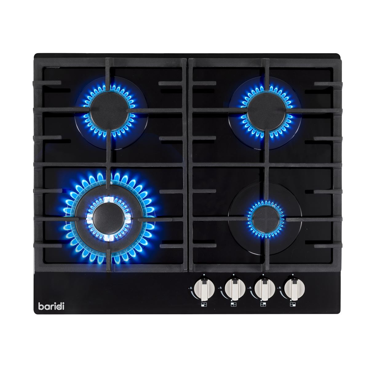 Baridi 60cm Gas on Glass Hob, 4 Burner and Cast Iron Pan Supports, Black Glass