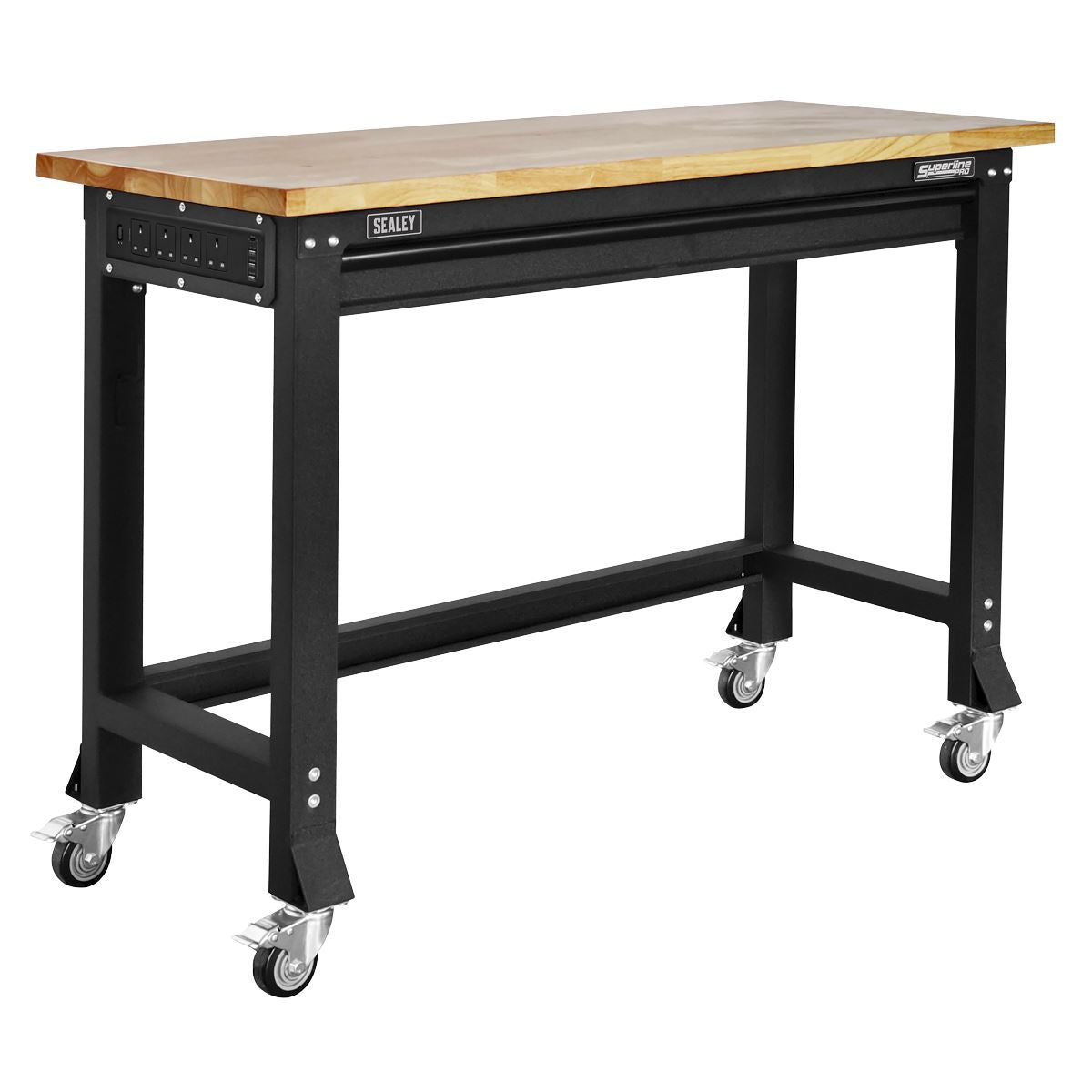 Sealey Superline PRO® Black Edition Heavy-Duty Steel Mobile Workbench with Wooden Worktop 1220mm  White Rose Tools