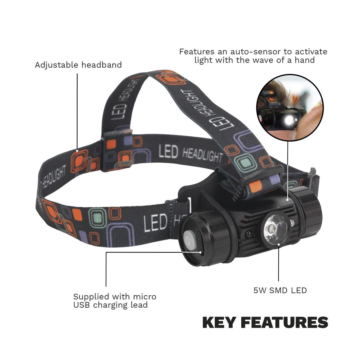 Sealey Rechargeable Head Torch with Auto-Sensor 5W SMD LED 