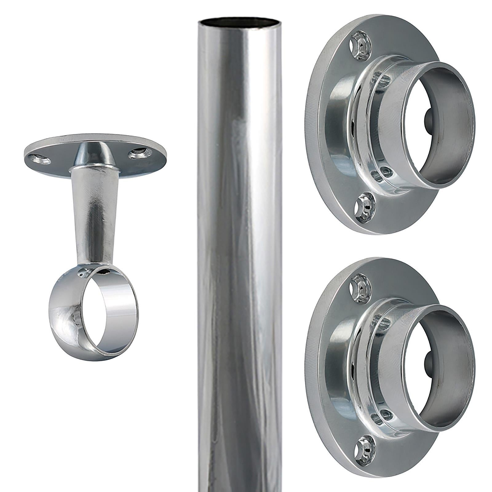 TIMCO Round Wardrobe Rail 25mm Diameter End Sockets Brackets Polished Chrome or White - Choose Length