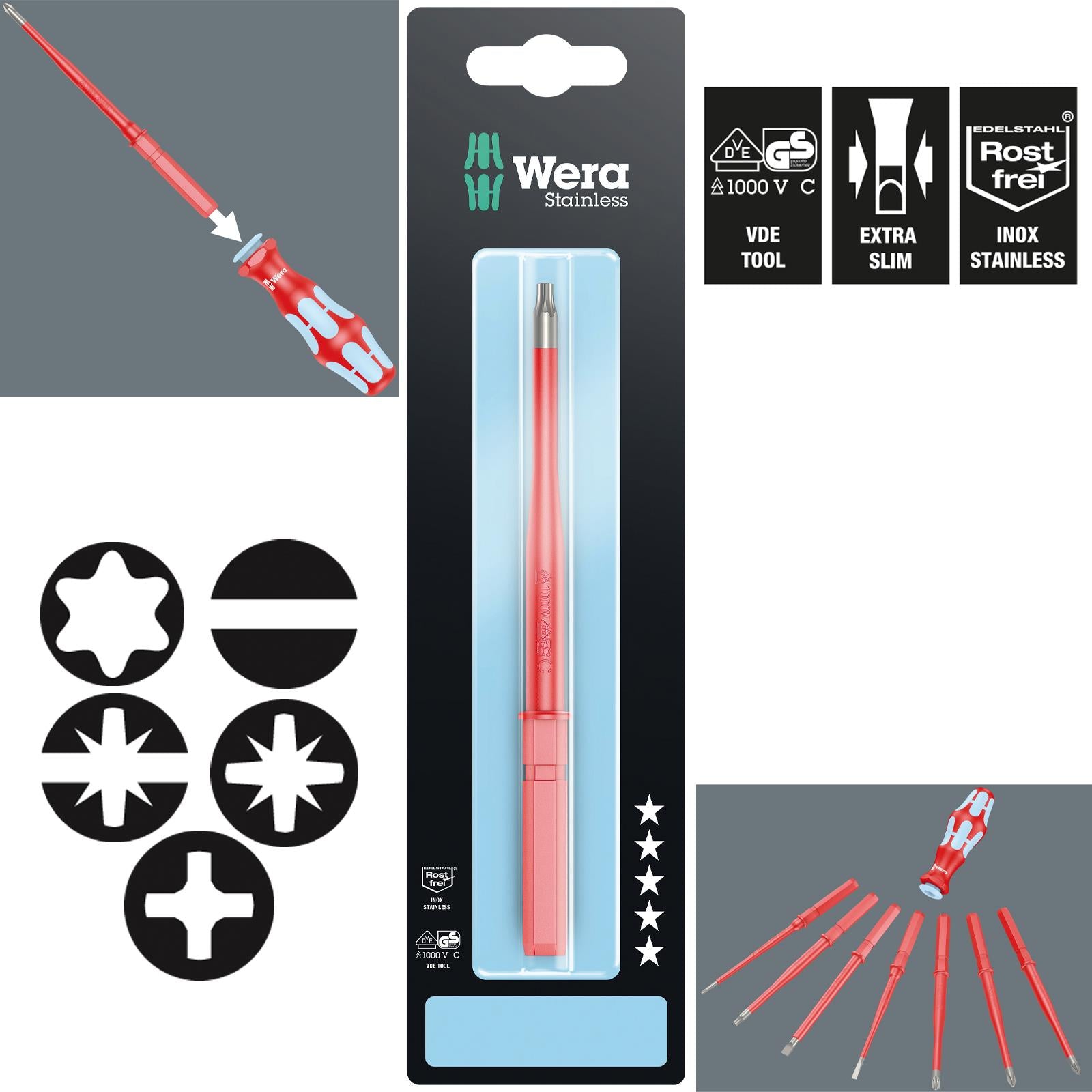 Wera VDE Screwdriver Blade Interchangable KK VDE Stainless Steel Individual Phillips Pozi Slotted Torx 