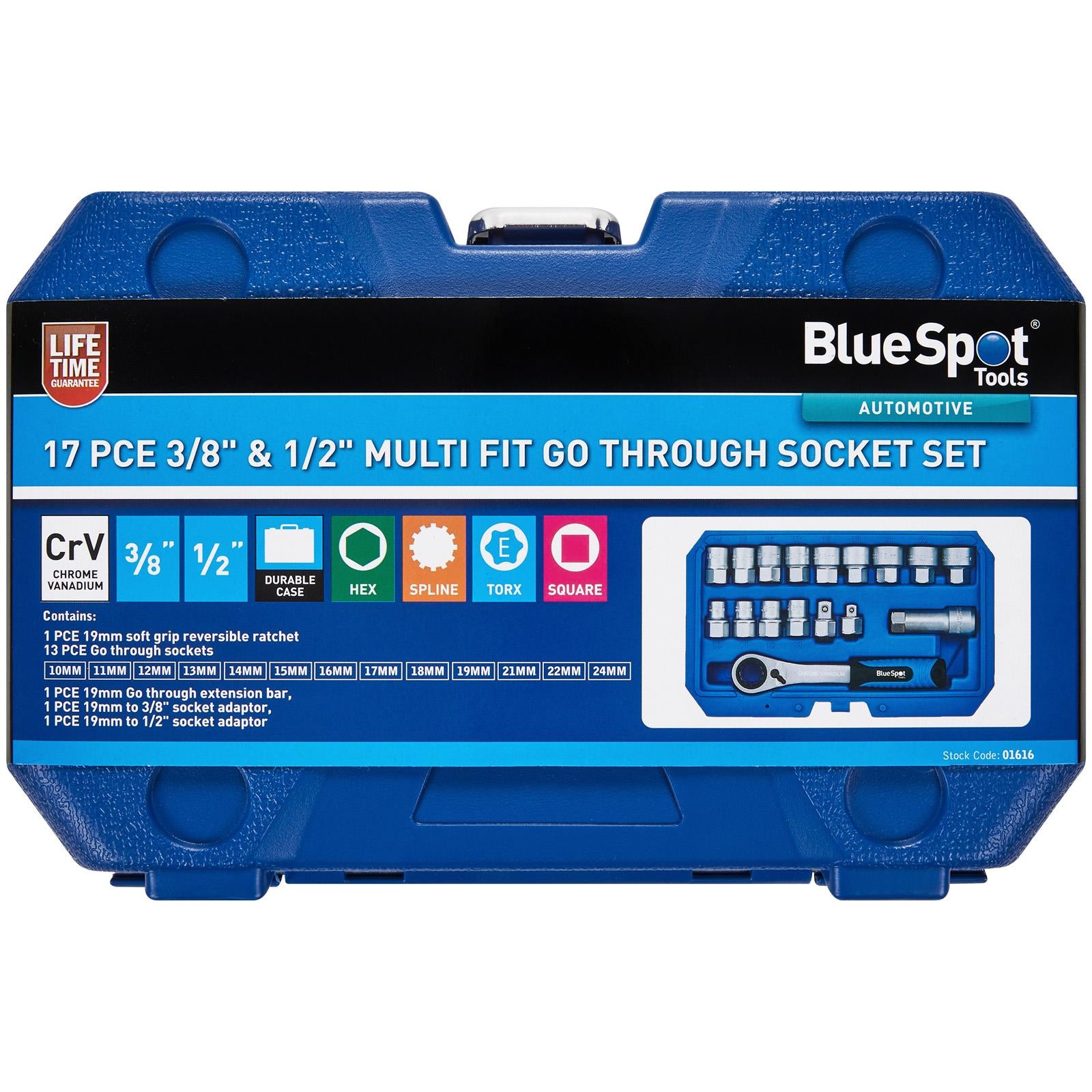 BlueSpot Go Through Multi Fit Socket Set 3/8" and 1/2" Drive 10-24mm 17 Piece