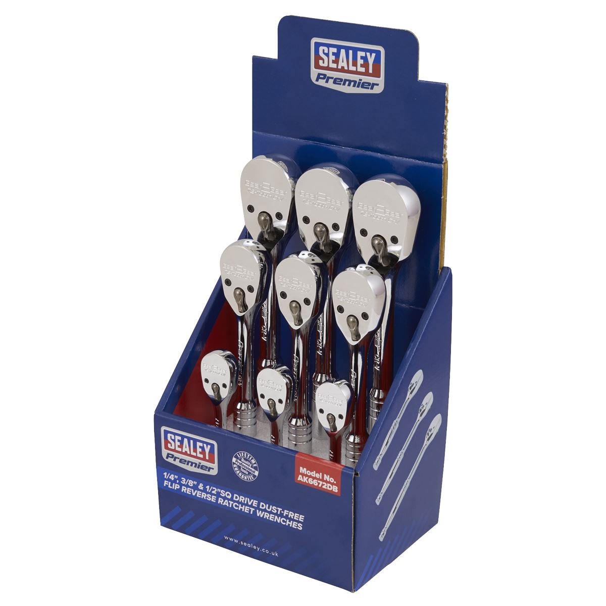 Sealey Premier Ratchet Wrenches 1/4", 3/8" & 1/2"Sq Drive Pear-Head Flip Reverse Display Box of 9 