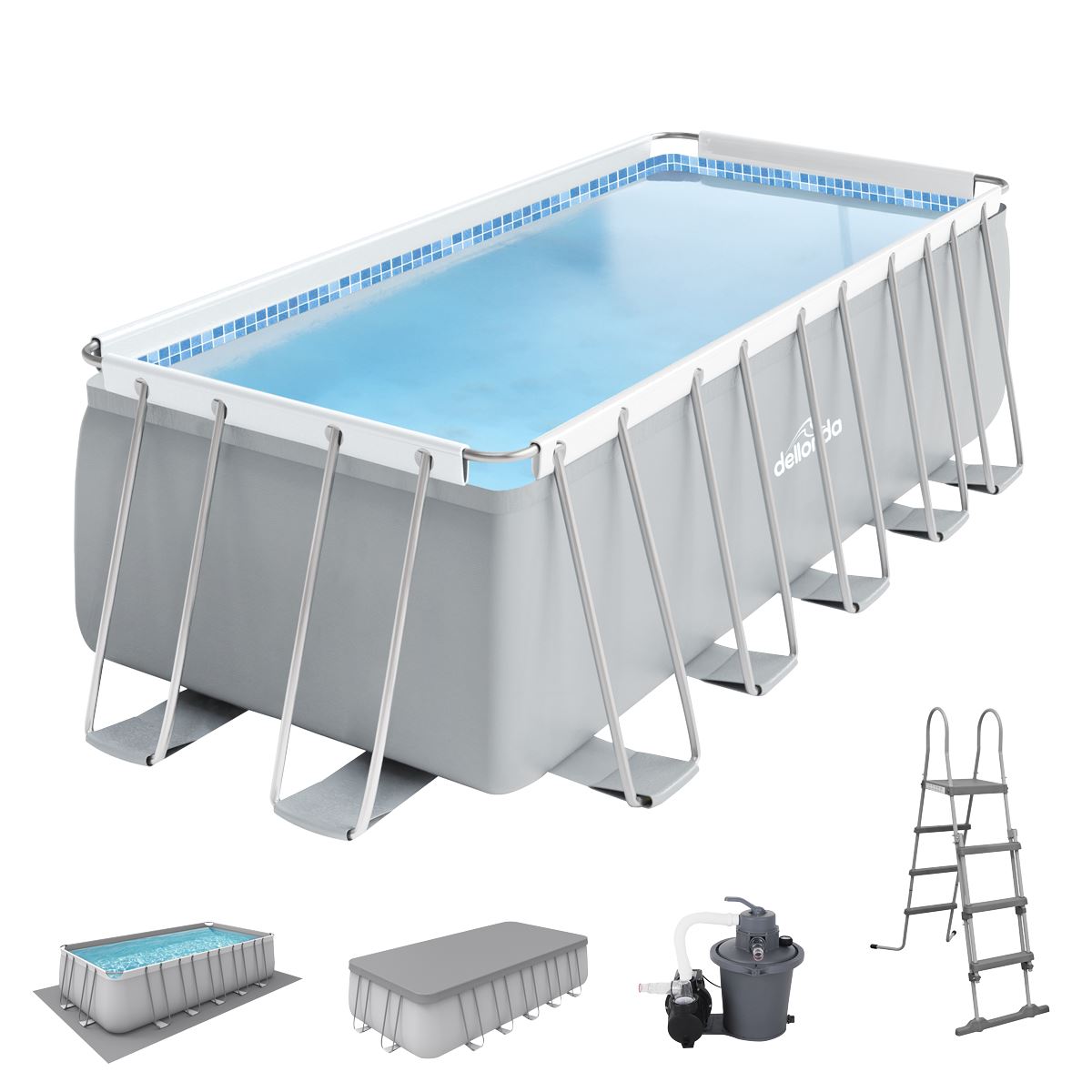 Dellonda 21ft Deluxe Steel Frame Swimming Pool, Rectangular with Step Ladder, Pool and Ground Covers and Filter Sand Pump