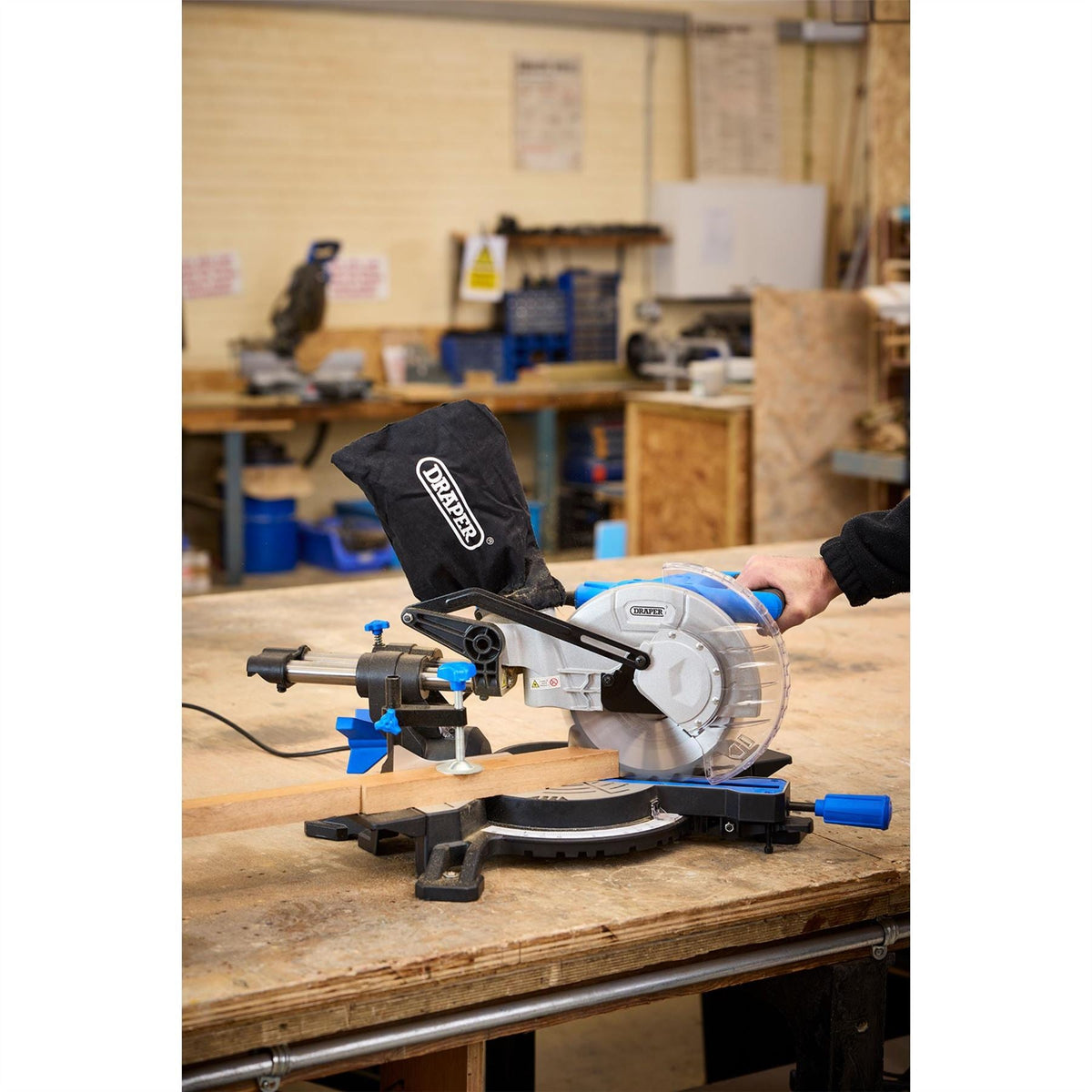 Draper 230V Sliding Compound Mitre Saw with Laser Cutting Guide 210mm 1500W 83677  White Rose Tools