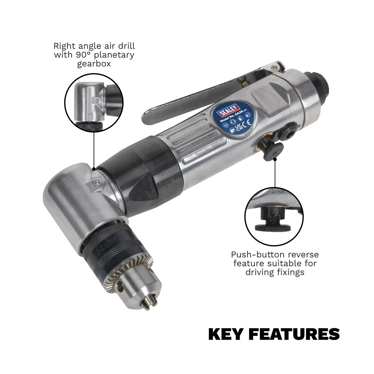 Sealey Air Angle Drill Ø10mm Reversible