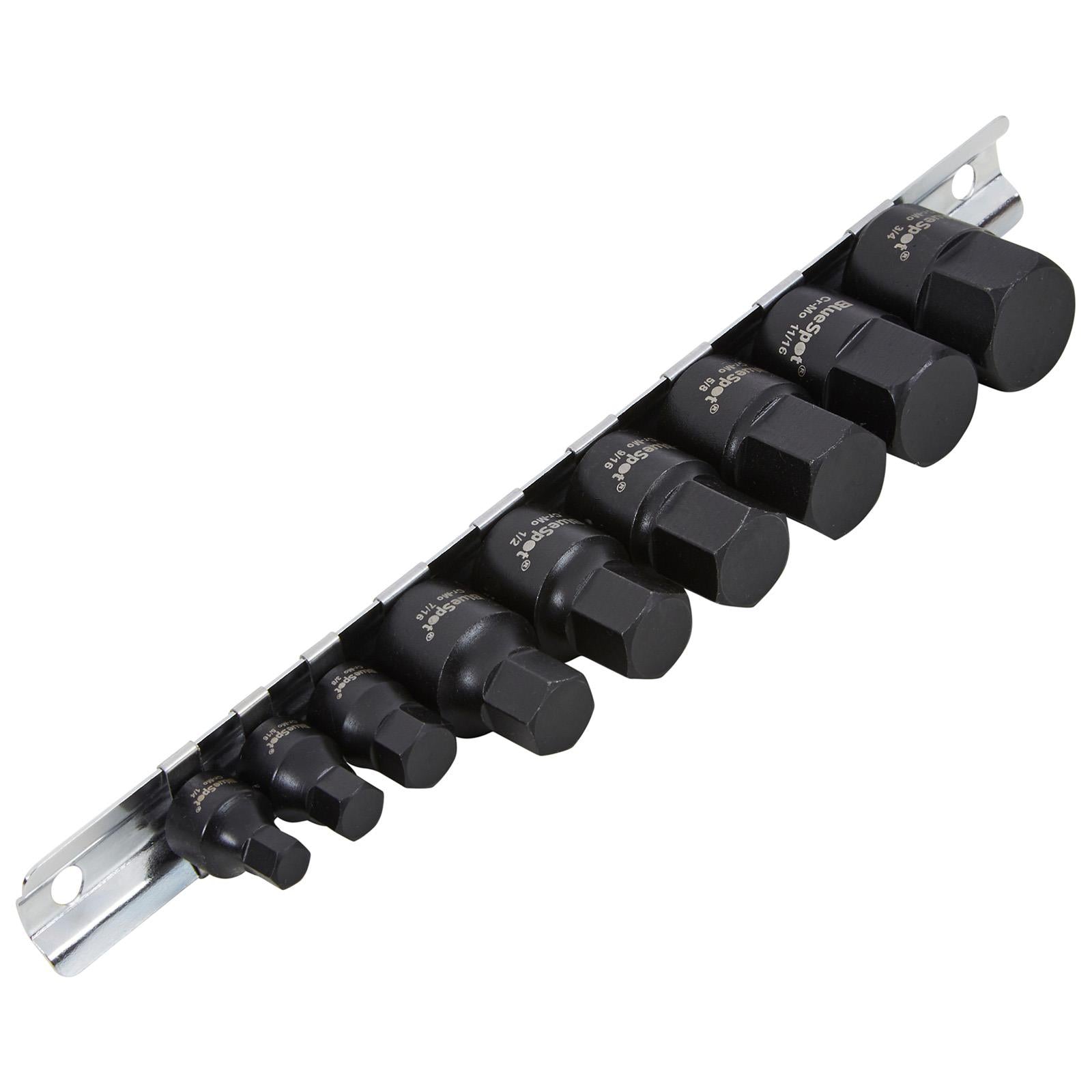 BlueSpot Impact Hex Socket Set Imperial AF Low Profile on Socket Rail 9 Pieces 1/4" 3/8" Drive  White Rose Tools