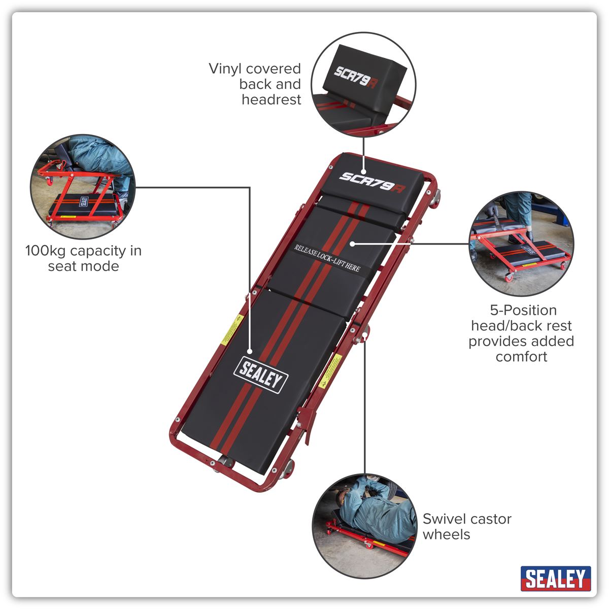 Sealey Steel Creeper/Seat with 7 Wheels & Adjustable Head Rest