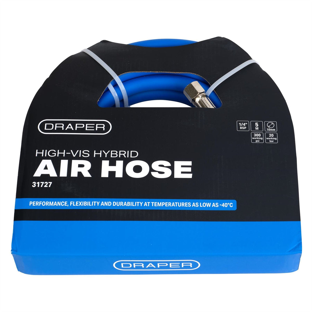 Draper High Visibility Hybrid Air Hose 5m x 10mm 1/4" BSP Blue 31727  White Rose Tools
