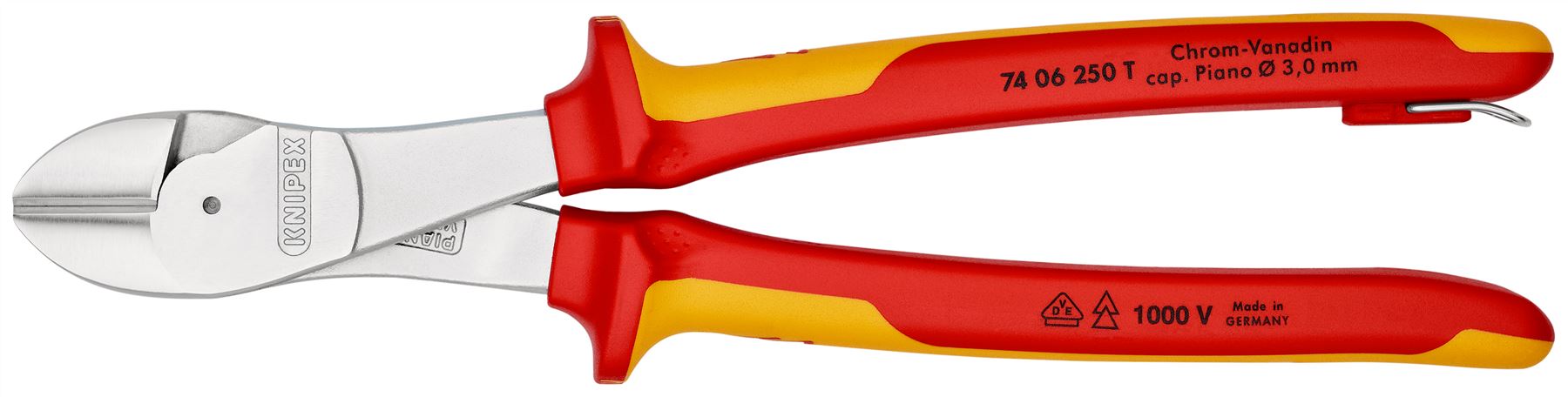 Knipex High Leverage Diagonal Cutter 250mm VDE Insulated 1000V with Tether Point 74 06 250 T 