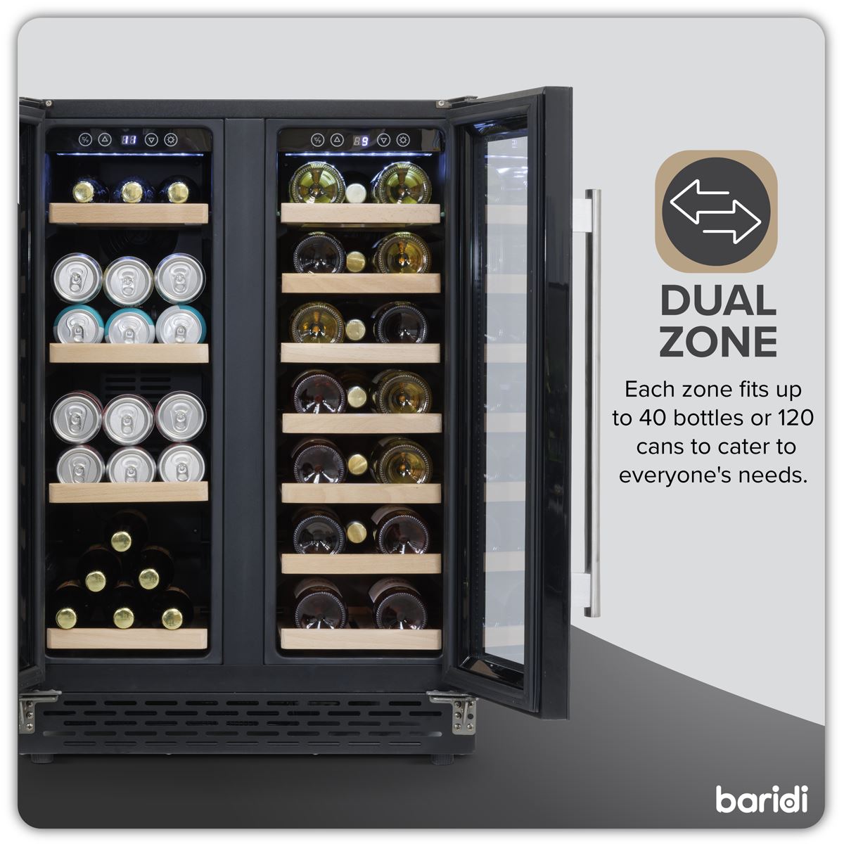 Baridi 60cm Dual Zone Wine Cooler and Drinks Fridge 40 Bottle/120 Can Built-In Under Counter/Freestanding Glass Fronted Bar Drinks Fridge Chiller