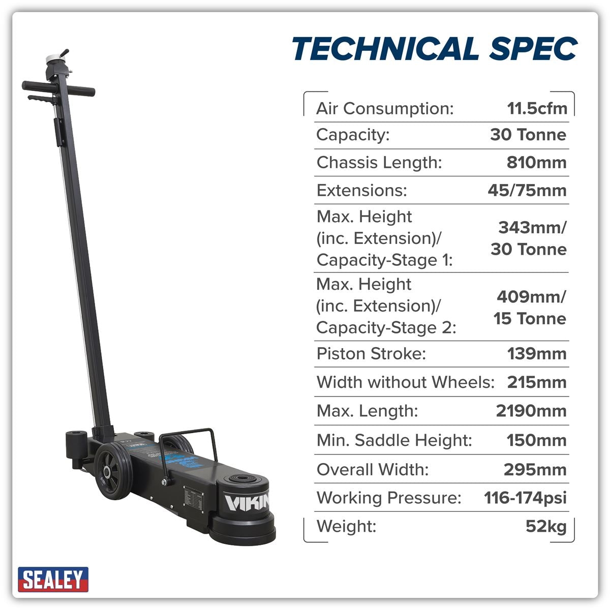 Sealey Viking Long Reach/Low Profile Air Operated Telescopic Jack 15-30 Tonne