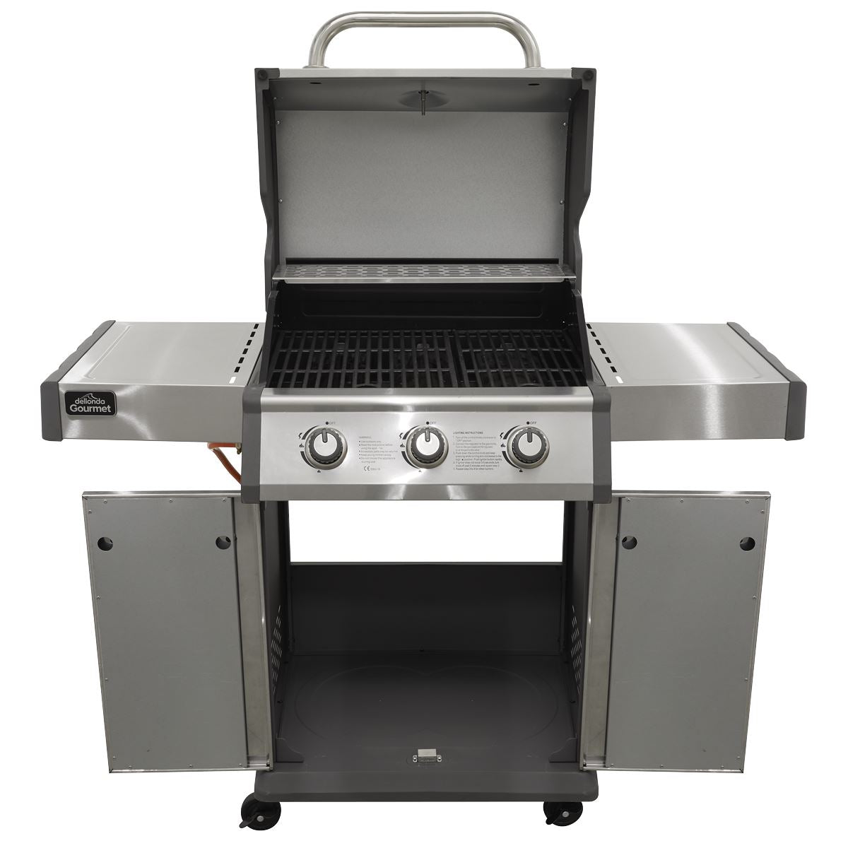 Dellonda 3 Burner Deluxe Gas BBQ Grill with Piezo Ignition & Wheels - Stainless Steel